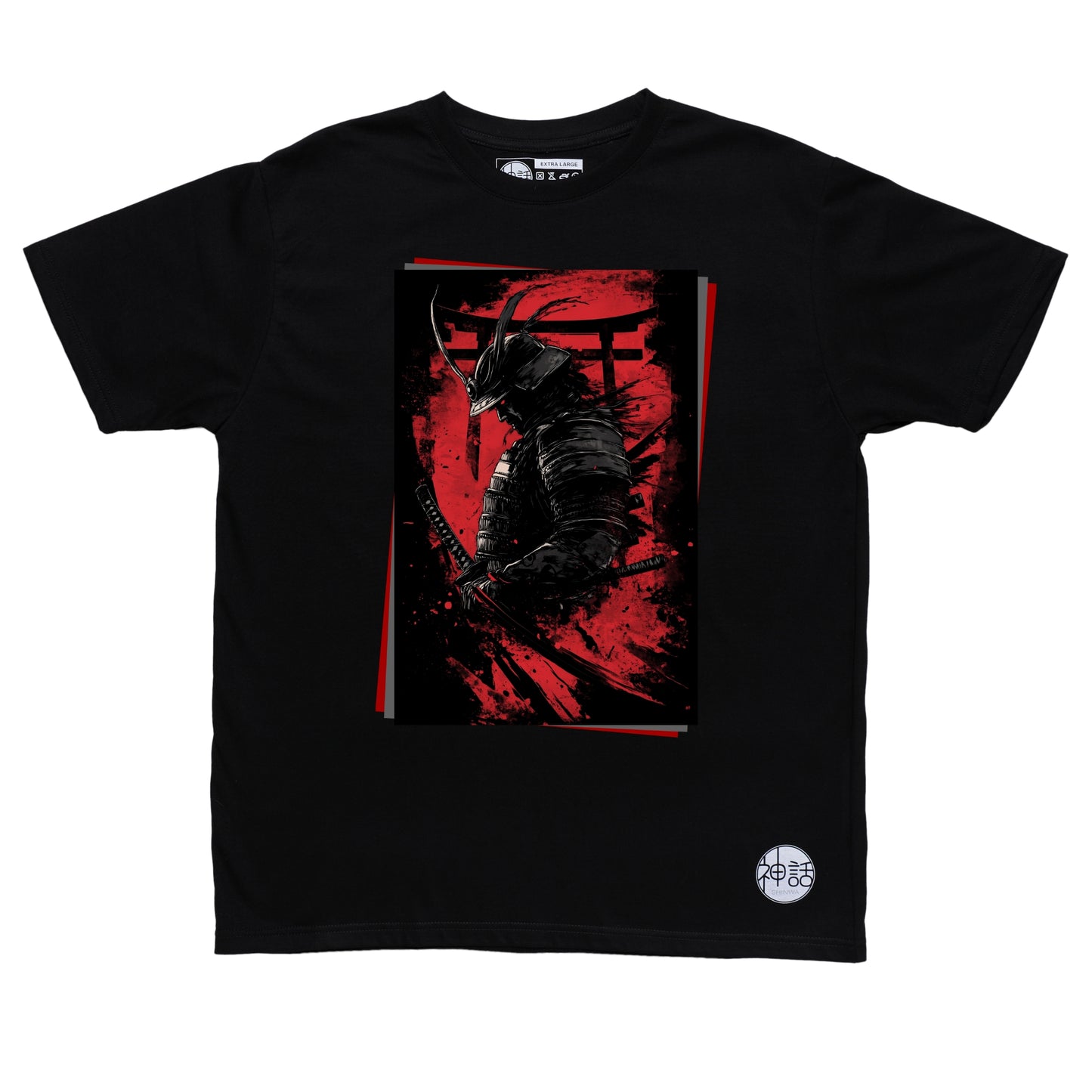 silhouette of a samurai in front of a torii gate on black shirt by Shinwa, streetwear brand from the Philippines