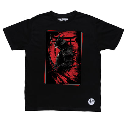 silhouette of a samurai in front of a torii gate on black shirt by Shinwa, streetwear brand from the Philippines