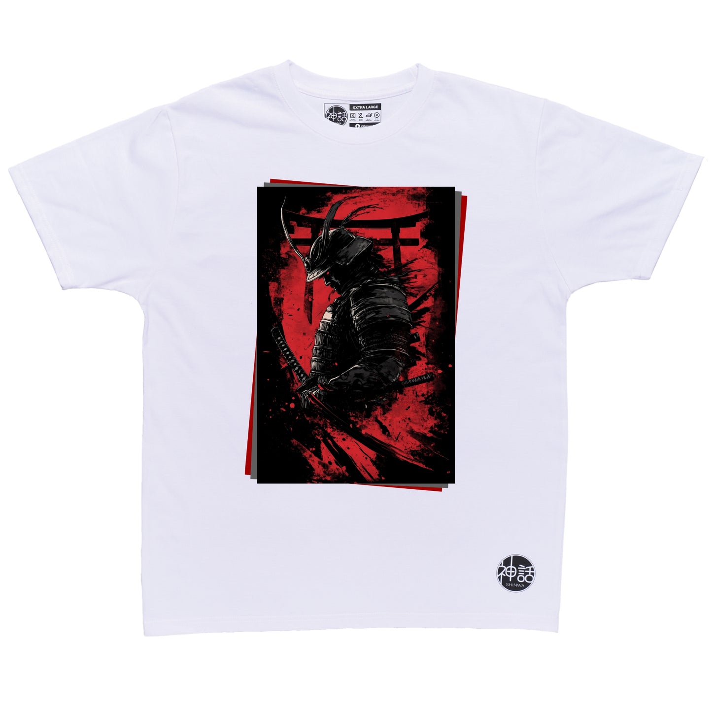 silhouette of a samurai in front of a torii gate on white shirt by Shinwa, streetwear brand from the Philippines