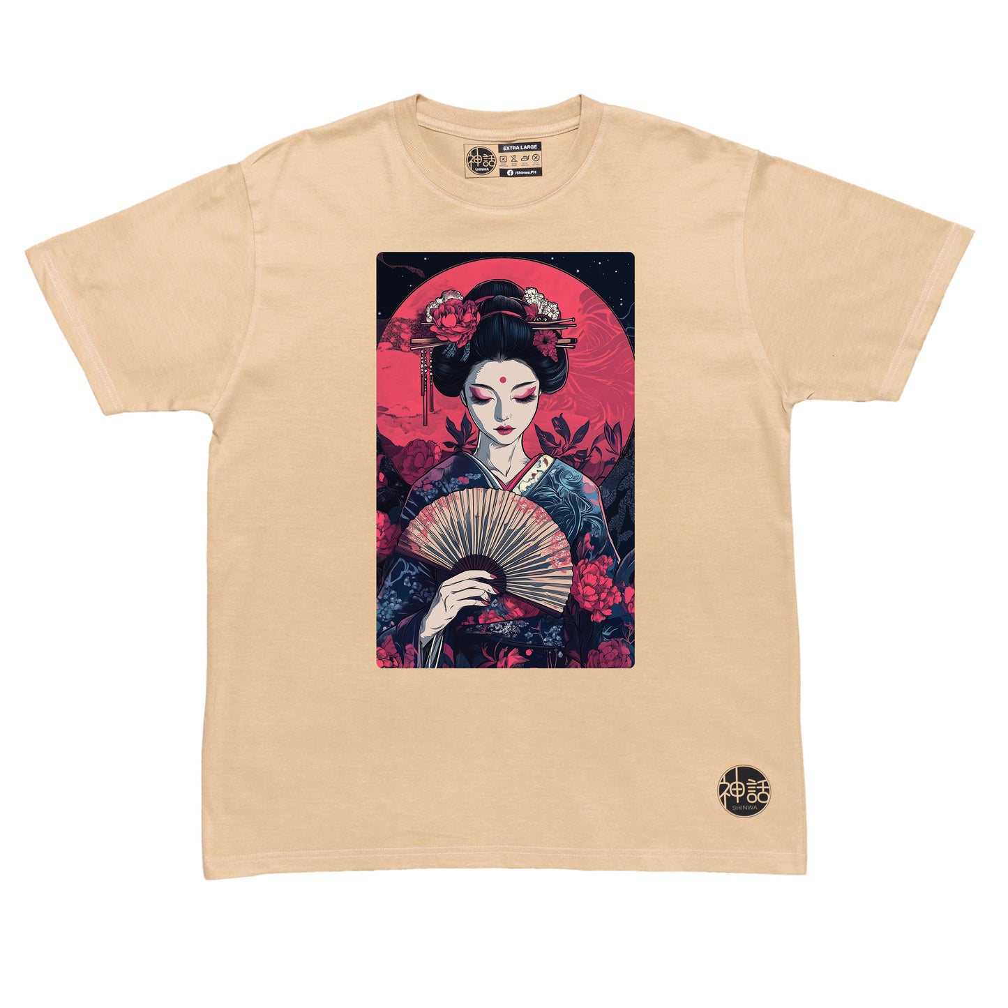 painted geisha holding a traditional fan against the red moon in beige t-shirt by Shinwa, streetwear brand from the Philippines