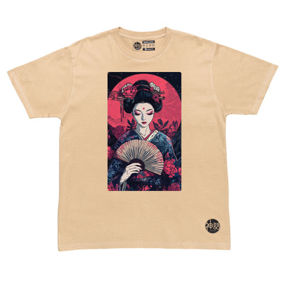 painted geisha holding a traditional fan against the red moon in beige t-shirt by Shinwa, streetwear brand from the Philippines