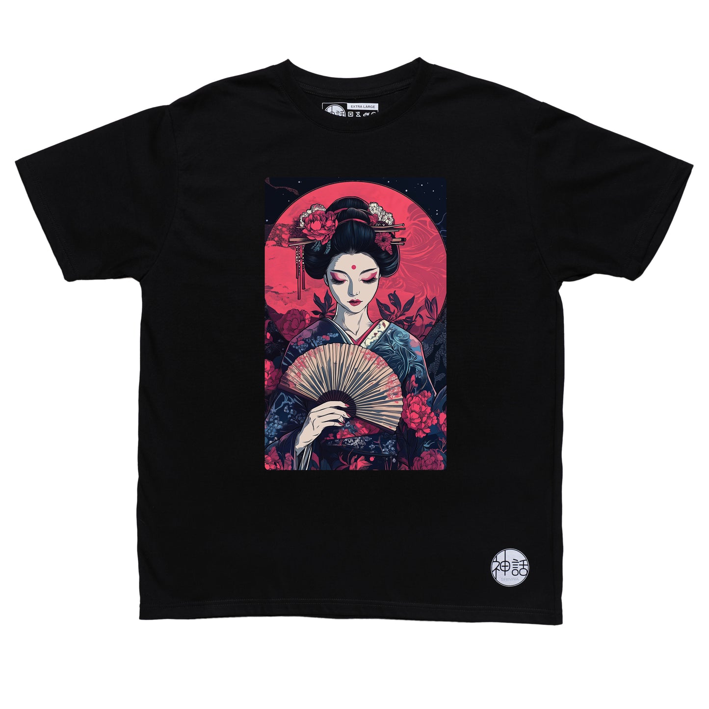 painted geisha holding a traditional fan against the red moon in black t-shirt by Shinwa, streetwear brand from the Philippines
