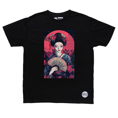 painted geisha holding a traditional fan against the red moon in black t-shirt by Shinwa, streetwear brand from the Philippines