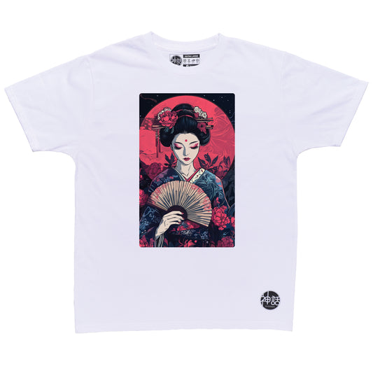 painted geisha holding a traditional fan against the red moon in white t-shirt by Shinwa, streetwear brand from the Philippines