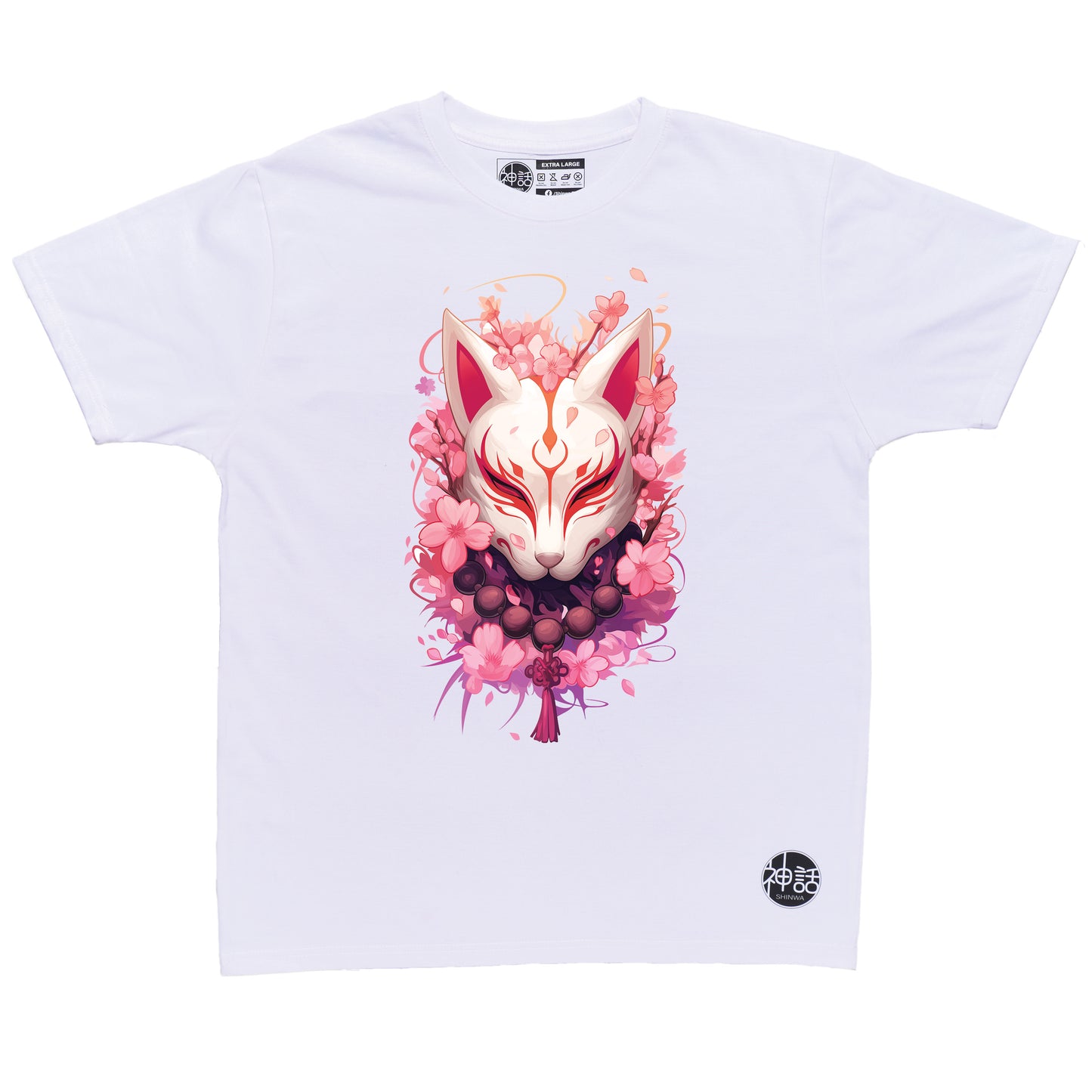 bold kitsune fox mask with cherry blossom background in white t-shirt by Shinwa, streetwear brand from the Philippines