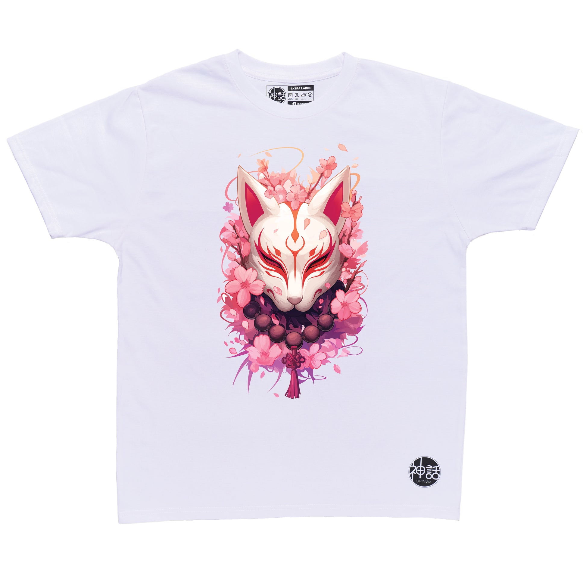 bold kitsune fox mask with cherry blossom background in white t-shirt by Shinwa, streetwear brand from the Philippines