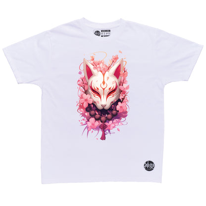 bold kitsune fox mask with cherry blossom background in white t-shirt by Shinwa, streetwear brand from the Philippines