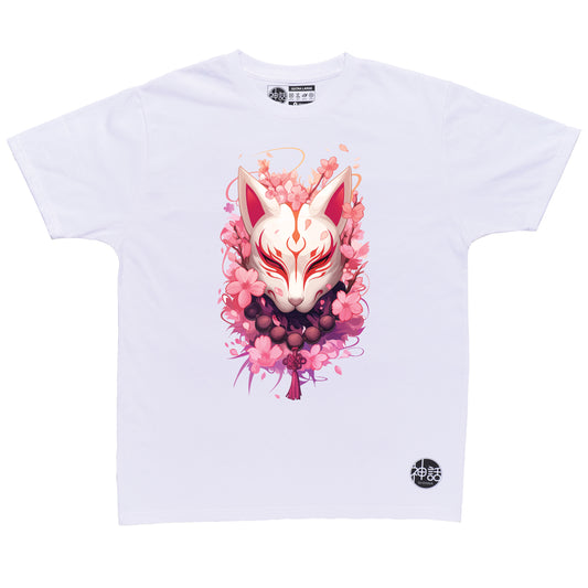 bold kitsune fox mask with cherry blossom background in white t-shirt by Shinwa, streetwear brand from the Philippines