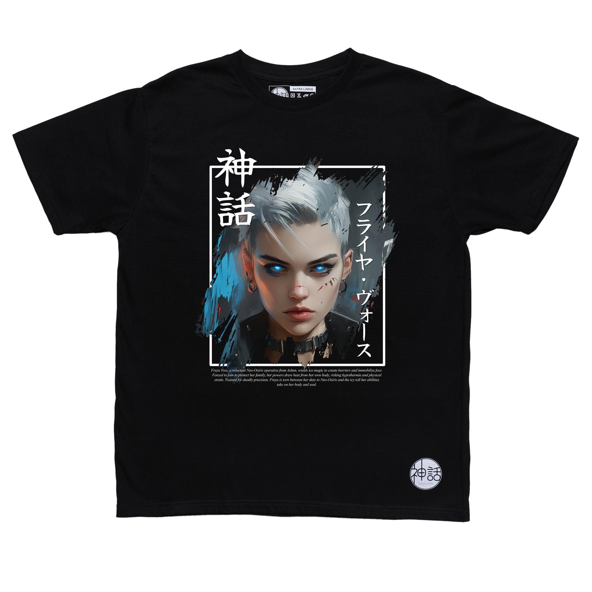 short white-haired, blue eyed postapocalyptic girl in black t-shirt by Shinwa , streetwear brand from the Philippines