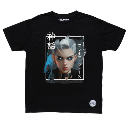 short white-haired, blue eyed postapocalyptic girl in black t-shirt by Shinwa , streetwear brand from the Philippines