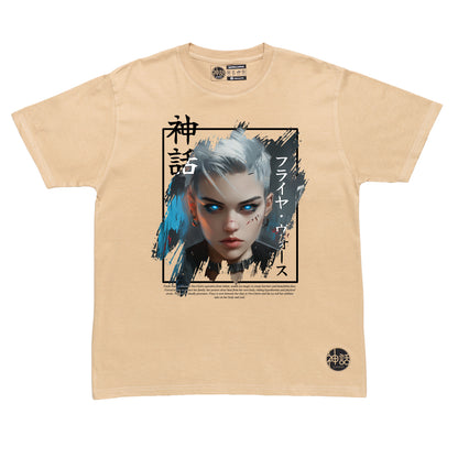 short white-haired, blue eyed postapocalyptic girl in beige t-shirt by Shinwa , streetwear brand from the Philippines