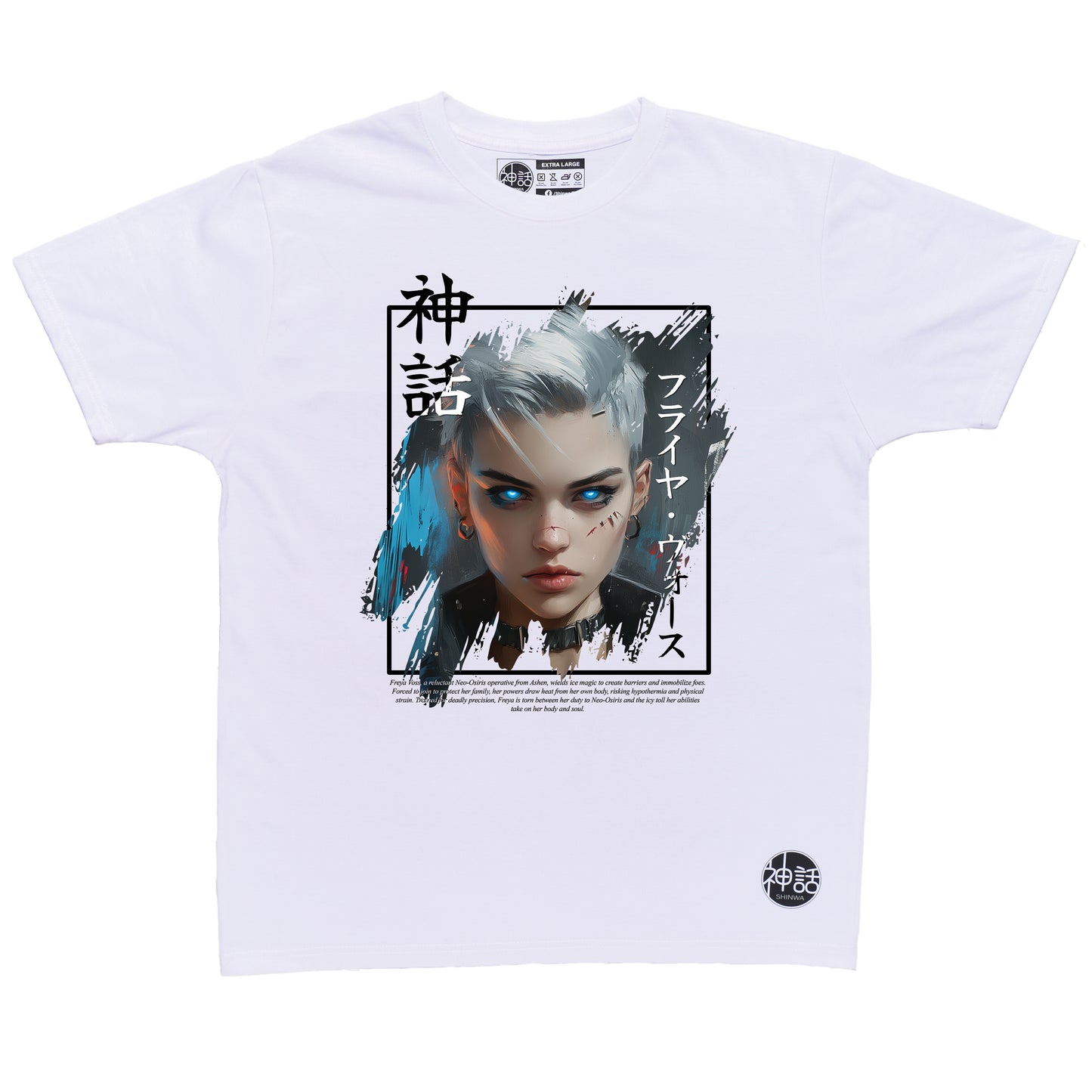 short white-haired, blue eyed postapocalyptic girl in white t-shirt by Shinwa , streetwear brand from the Philippines