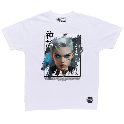 short white-haired, blue eyed postapocalyptic girl in white t-shirt by Shinwa , streetwear brand from the Philippines