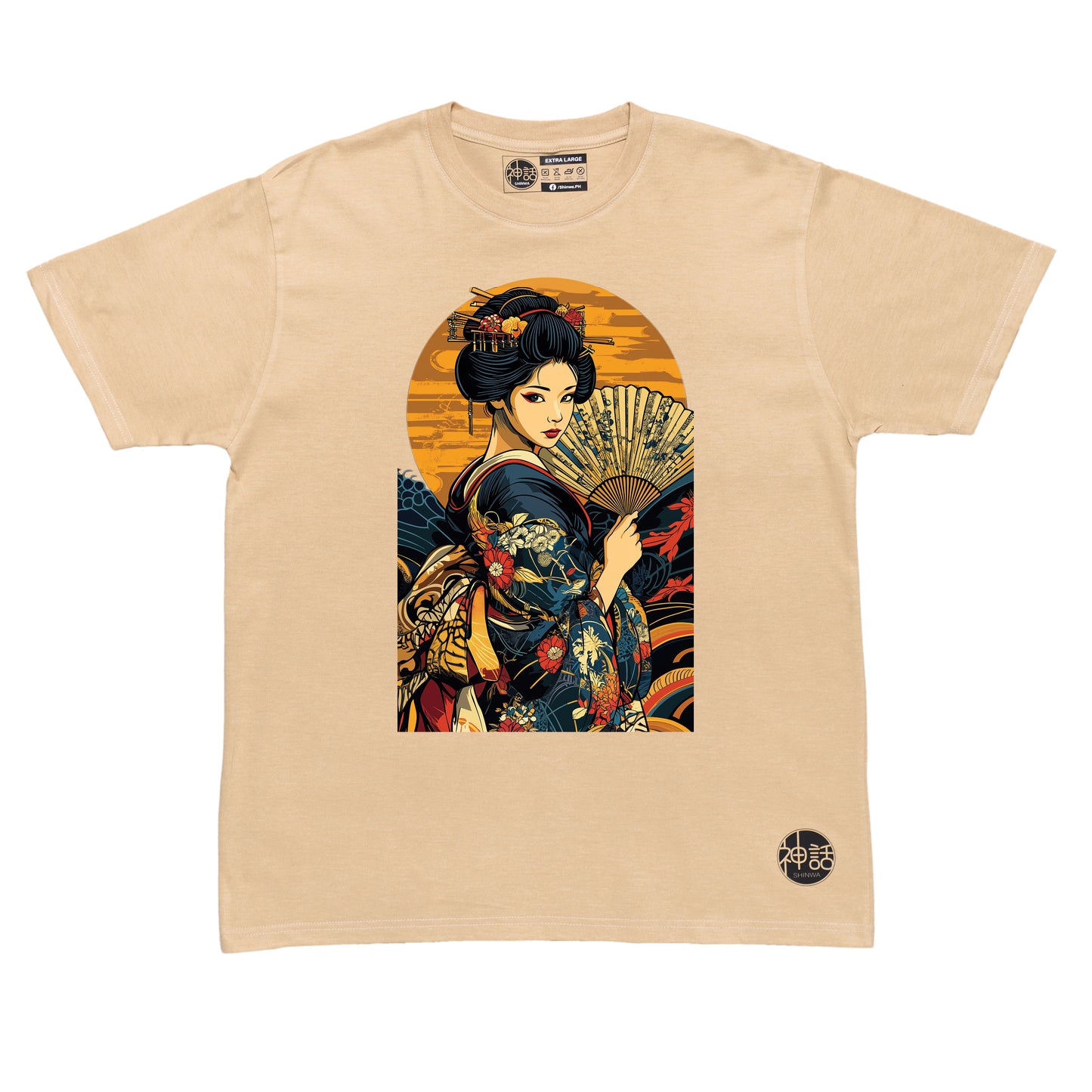 geisha wearing blue colorful kimono holding a fan on beige t-shirt by Shinwa, streetwear brand from the Philippines