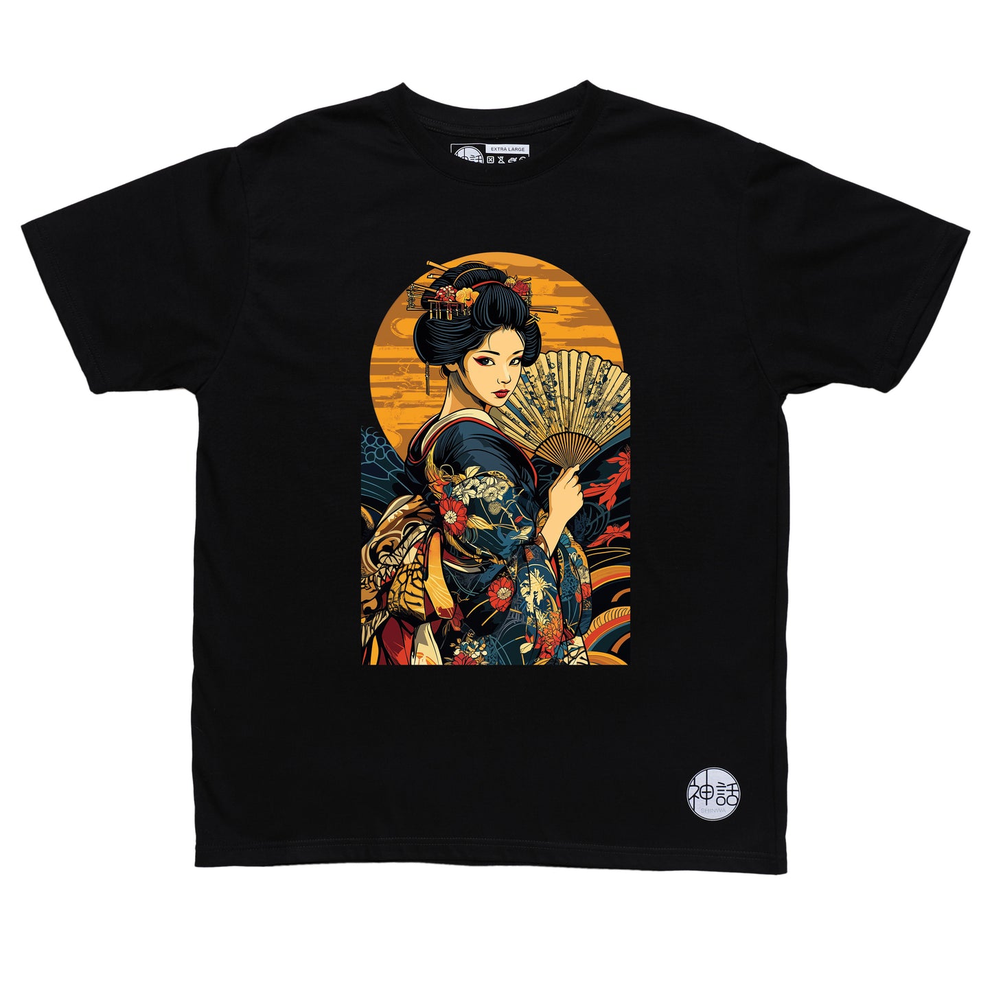 geisha wearing blue colorful kimono holding a fan on black t-shirt by Shinwa, streetwear brand from the Philippines