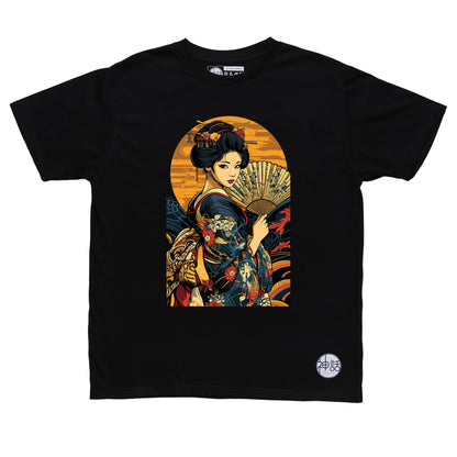 geisha wearing blue colorful kimono holding a fan on black t-shirt by Shinwa, streetwear brand from the Philippines