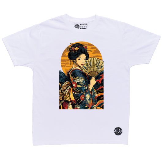 geisha wearing blue colorful kimono holding a fan on white t-shirt by Shinwa, streetwear brand from the Philippines