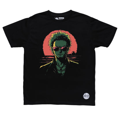 green-haired anime swordsman wearing sunglasses in front of a sunset on black t-shirt by Shinwa, streetwear brand from the Philippines