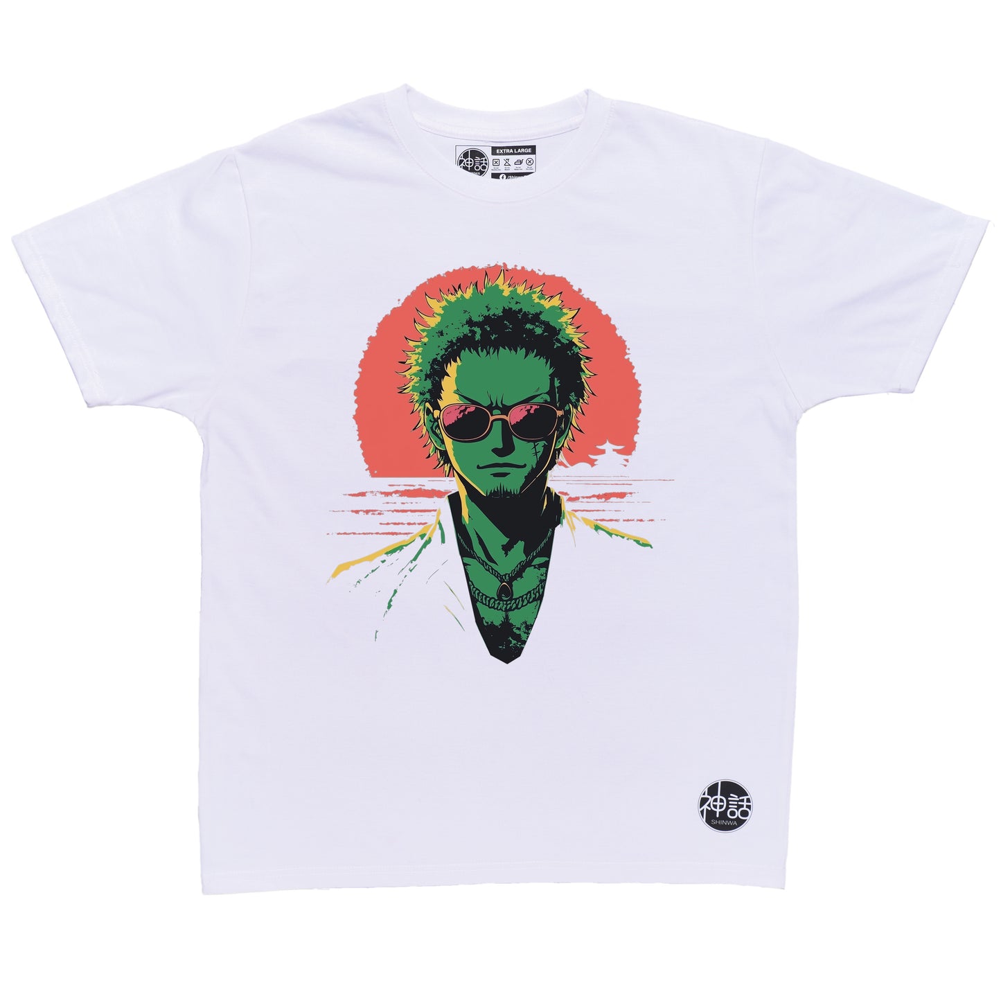 green-haired anime swordsman wearing sunglasses in front of a sunset on white t-shirt by Shinwa, streetwear brand from the Philippines
