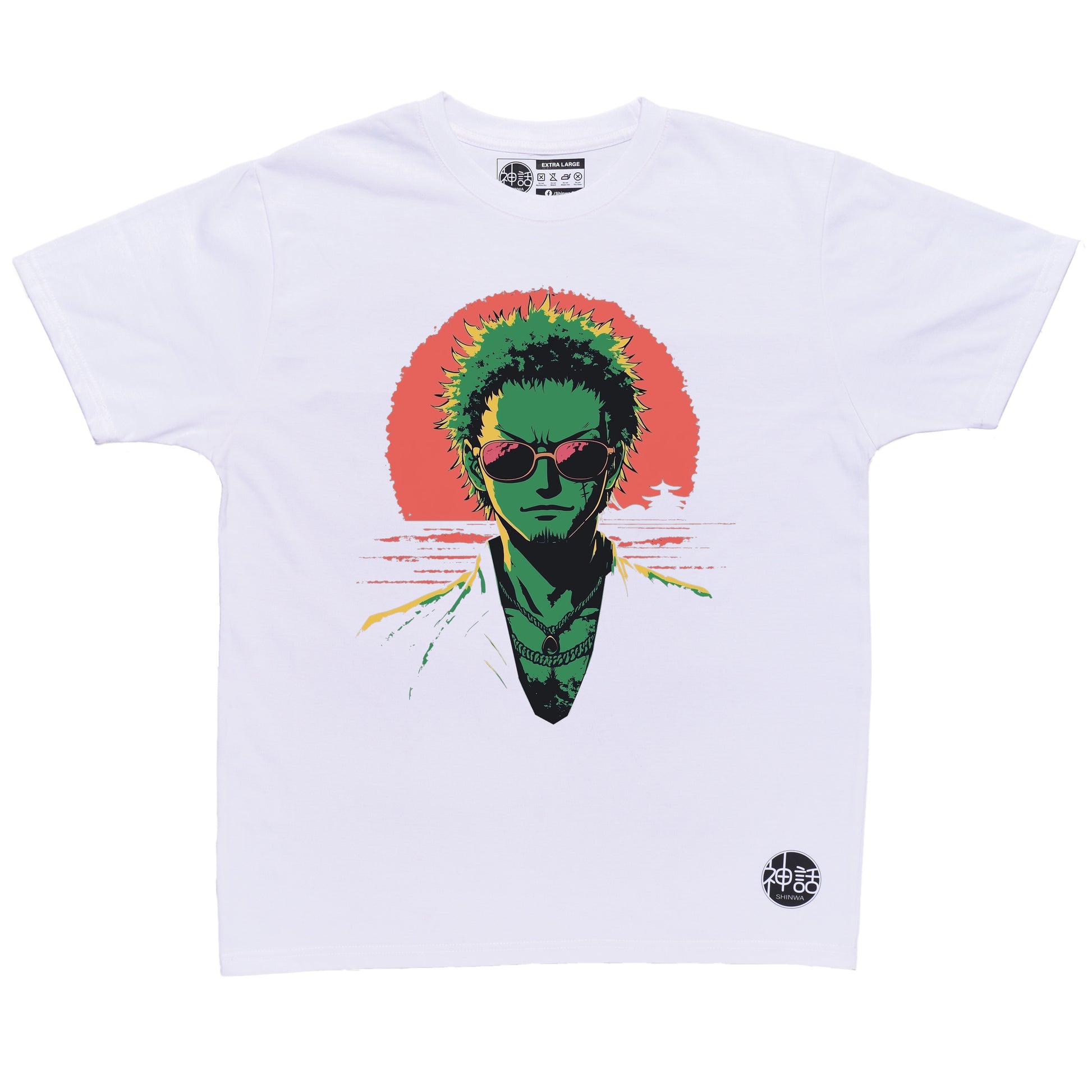 green-haired anime swordsman wearing sunglasses in front of a sunset on white t-shirt by Shinwa, streetwear brand from the Philippines