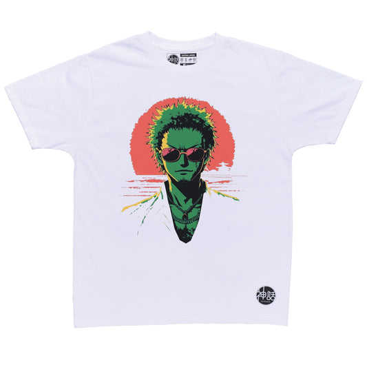 green-haired anime swordsman wearing sunglasses in front of a sunset on white t-shirt by Shinwa, streetwear brand from the Philippines
