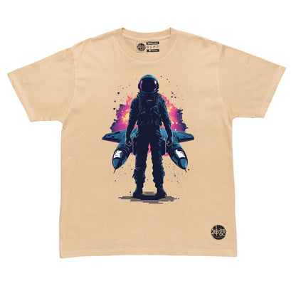 Lone astronaut standing in front of his spaceship in front of a galactic storm on beige t-shirt by Shinwa, streetwear brand from the Philippines
