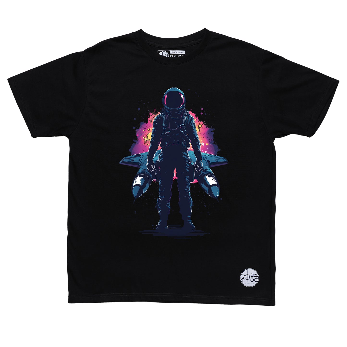 Lone astronaut standing in front of his spaceship in front of a galactic storm on black t-shirt by Shinwa, streetwear brand from the Philippines
