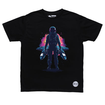 Lone astronaut standing in front of his spaceship in front of a galactic storm on black t-shirt by Shinwa, streetwear brand from the Philippines