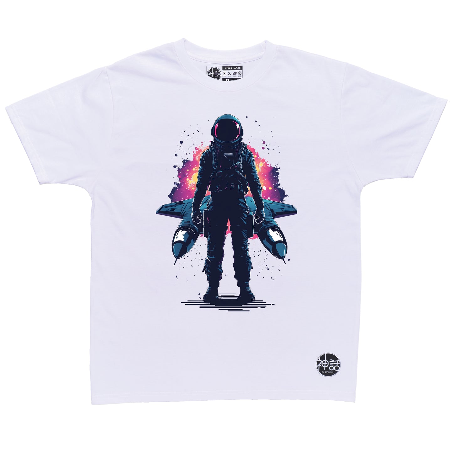 Lone astronaut standing in front of his spaceship in front of a galactic storm on white t-shirt by Shinwa, streetwear brand from the Philippines