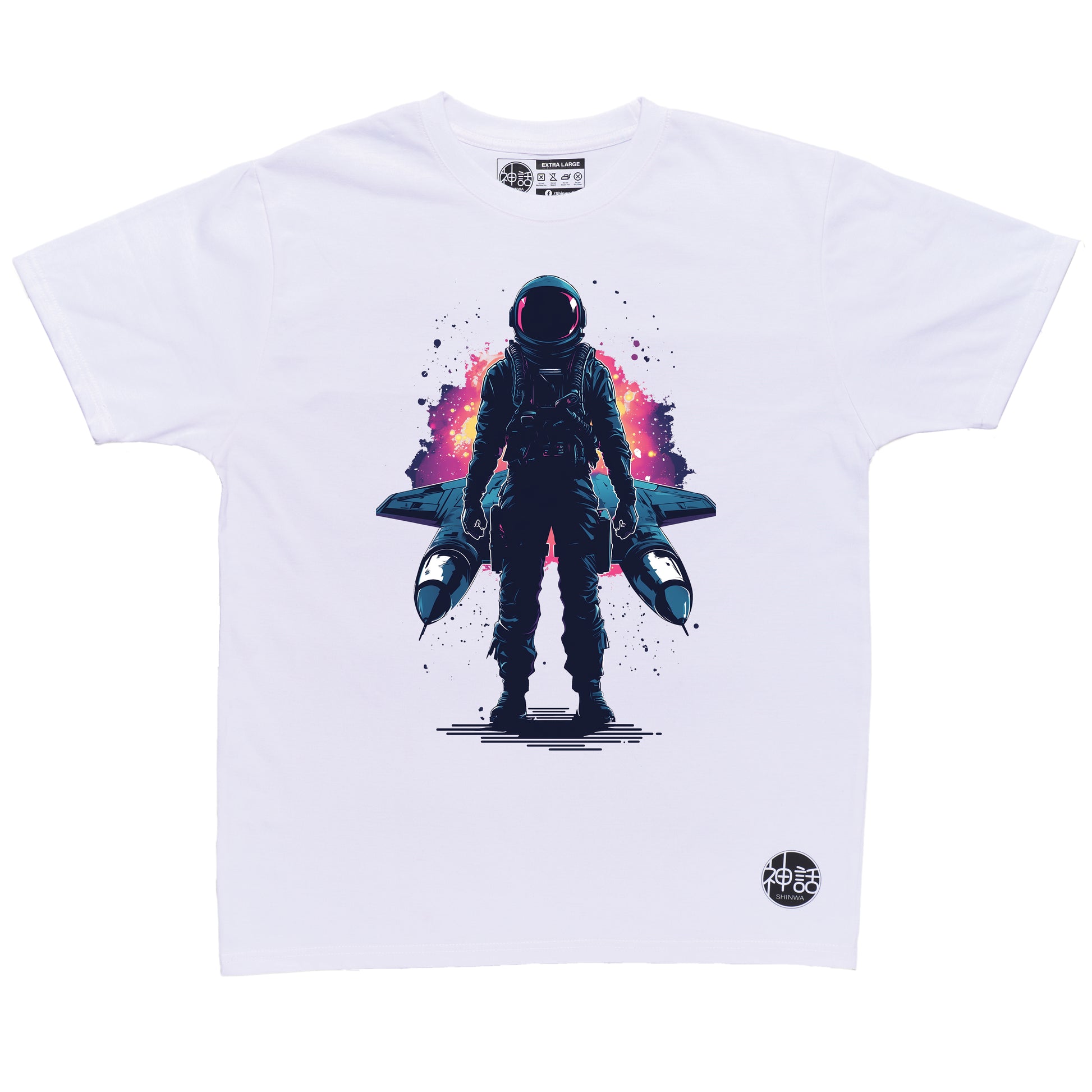 Lone astronaut standing in front of his spaceship in front of a galactic storm on white t-shirt by Shinwa, streetwear brand from the Philippines