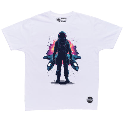 Lone astronaut standing in front of his spaceship in front of a galactic storm on white t-shirt by Shinwa, streetwear brand from the Philippines