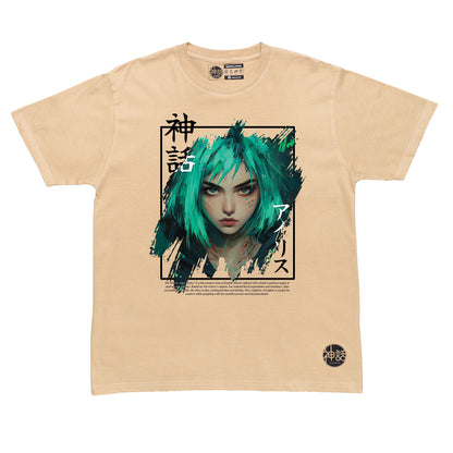green-haired, green-eyed girl wearing streetwear in beige t-shirt by Shinwa, streetwear brand from the Philippines