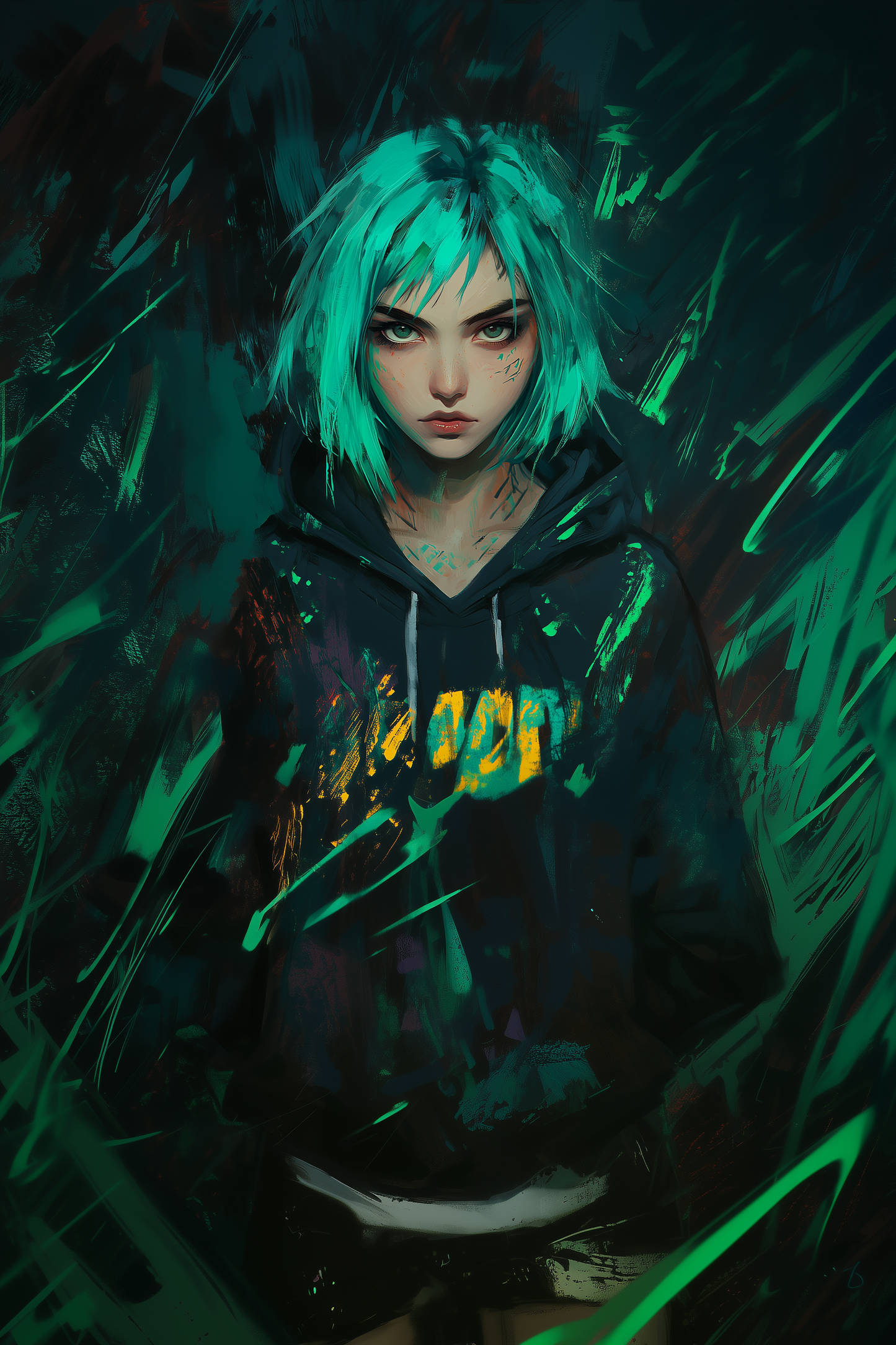 green-haired, green-eyed girl wearing streetwear full