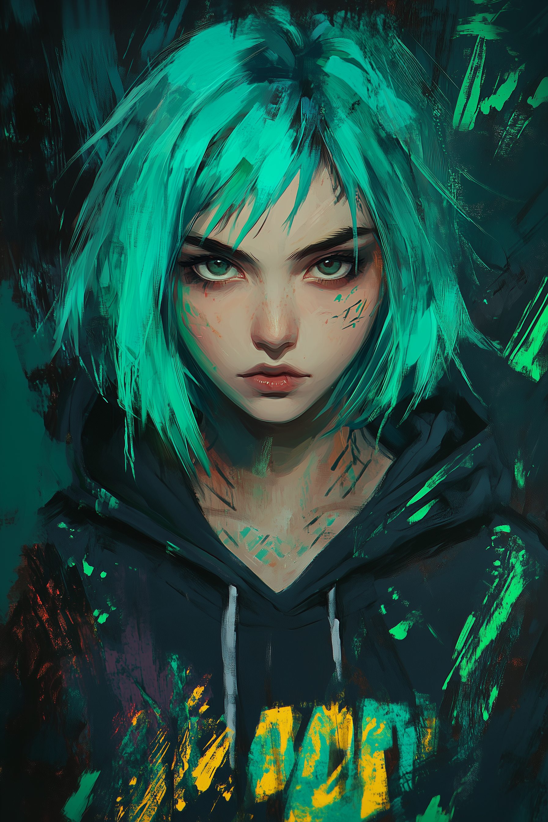 green-haired, green-eyed girl wearing streetwear