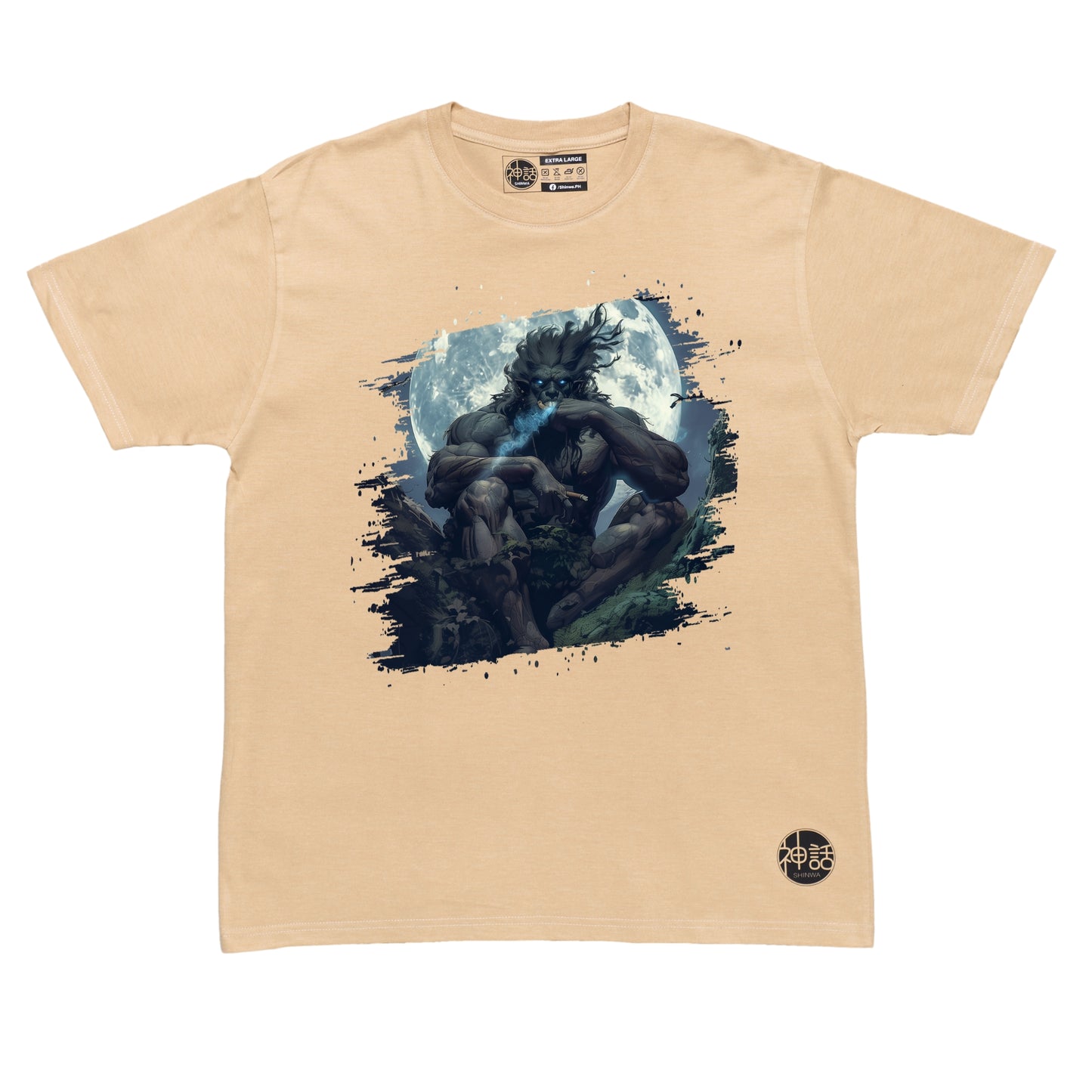 kapre sitting on tree branch with full moon in background smoking a cigar on beige t-shirt by Shinwa, streetwear brand from the Philippines