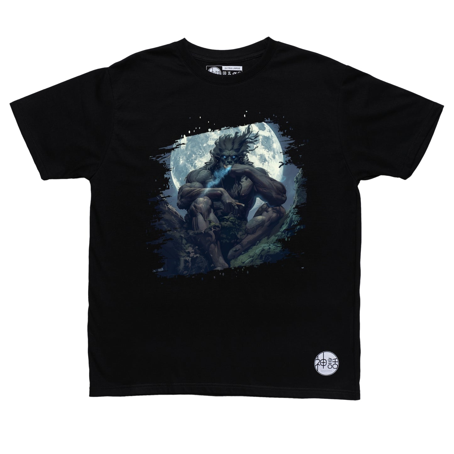 kapre sitting on tree branch with full moon in background smoking a cigar on black t-shirt by Shinwa, streetwear brand from the Philippines