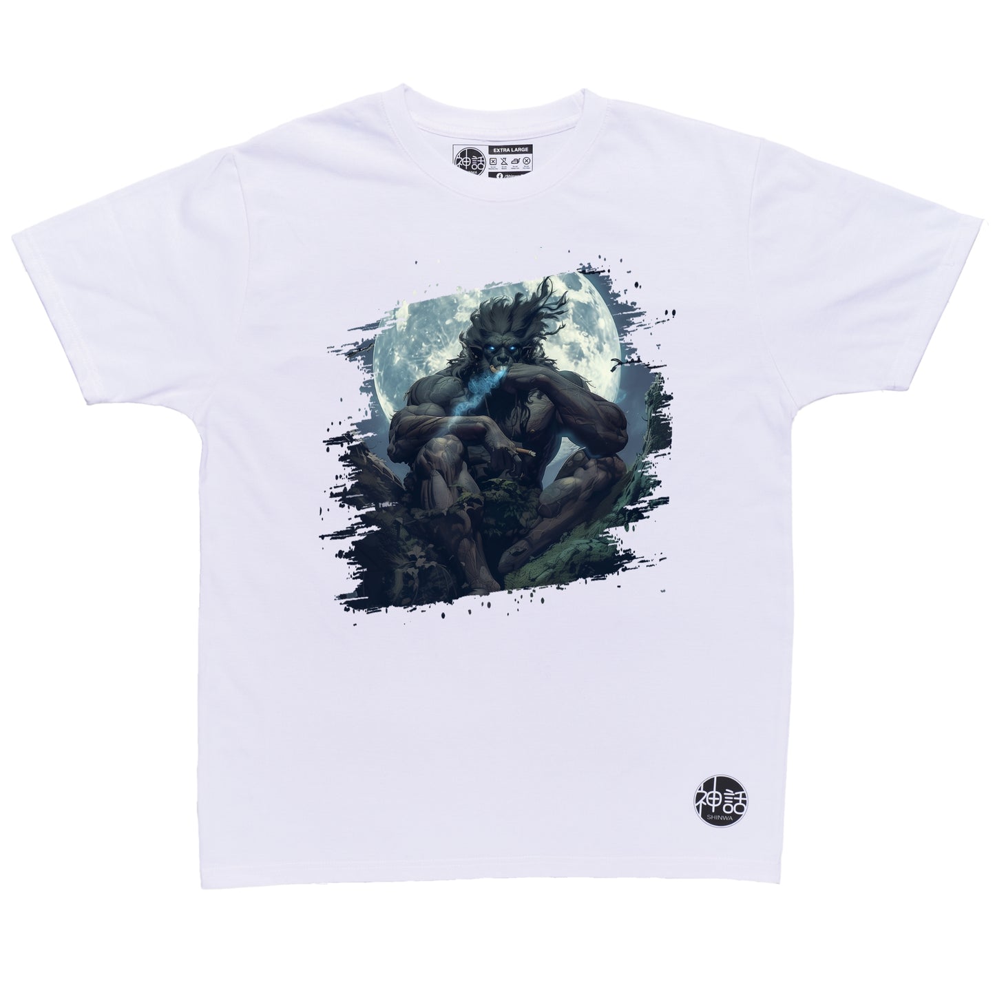 kapre sitting on tree branch with full moon in background smoking a cigar on white t-shirt by Shinwa, streetwear brand from the Philippines
