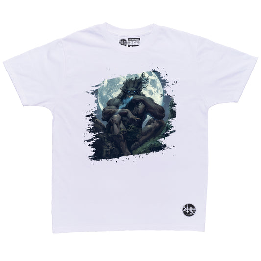 kapre sitting on tree branch with full moon in background smoking a cigar on white t-shirt by Shinwa, streetwear brand from the Philippines