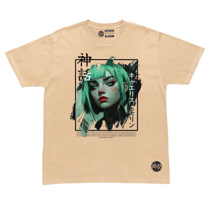 green-haired green-eyed dystopian anime girl in beige t-shirt by Shinwa, streetwear brand from the Philippines