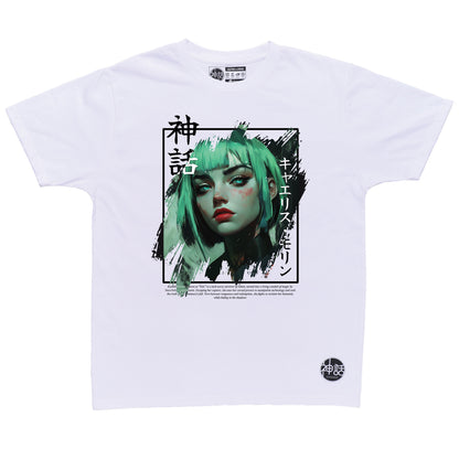 green-haired green-eyed dystopian anime girl in white t-shirt by Shinwa, streetwear brand from the Philippines
