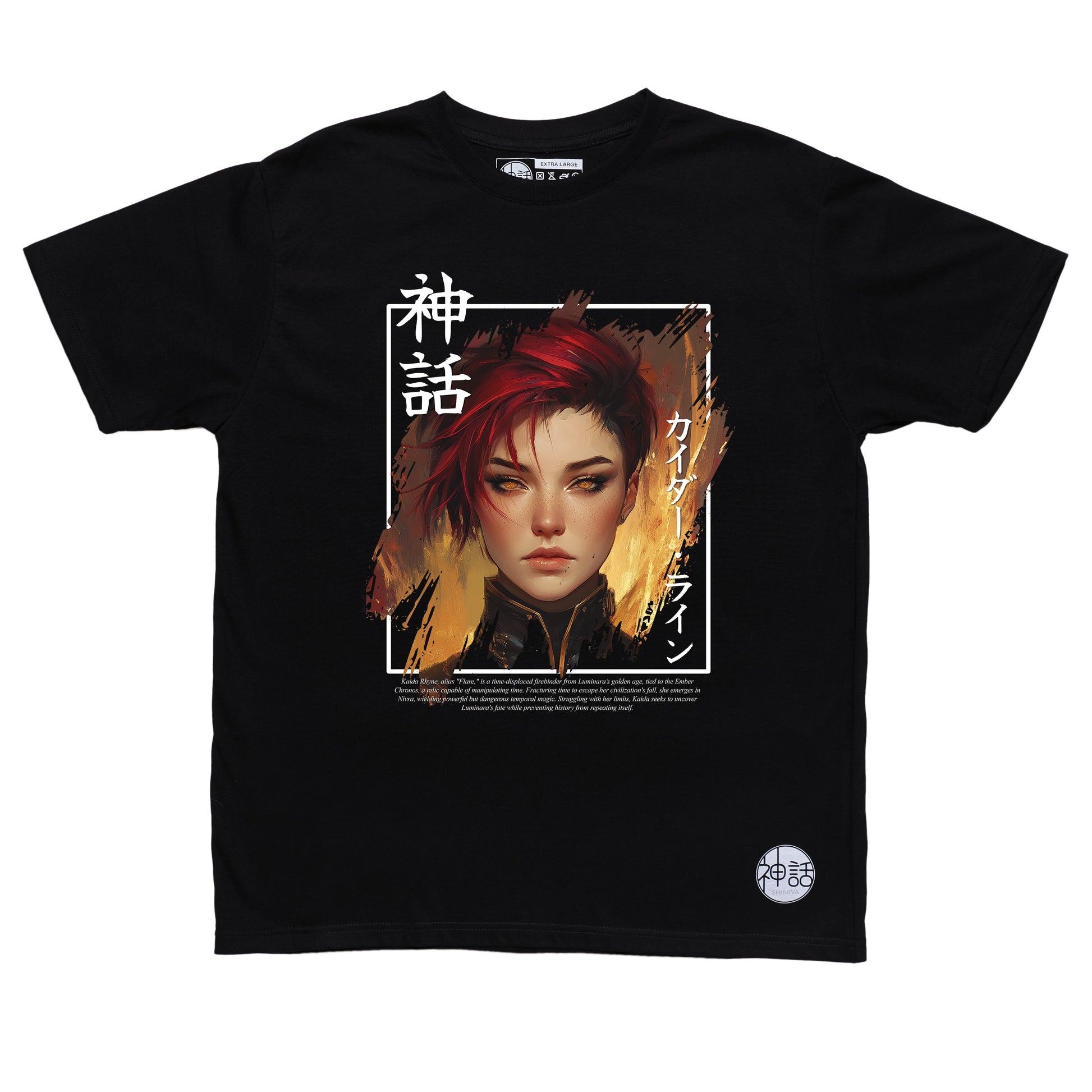 red-haired anime girl with fire powers in black t-shirt by Shinwa, streetwear brand from the Philippines
