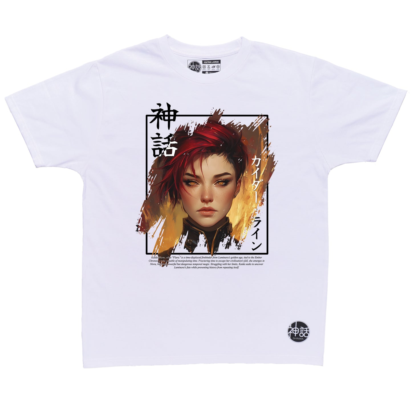 red-haired anime girl with fire powers in white t-shirt by Shinwa, streetwear brand from the Philippines