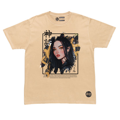 black-haired anime girl wearing leather jacket in beige t-shirt by Shinwa, streetwear brand from the Philippines