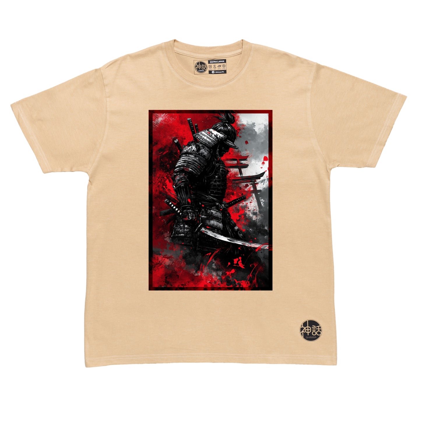 black samurai warrior in front of torii gates on beige t-shirt by Shinwa, streetwear brand from the Philippines