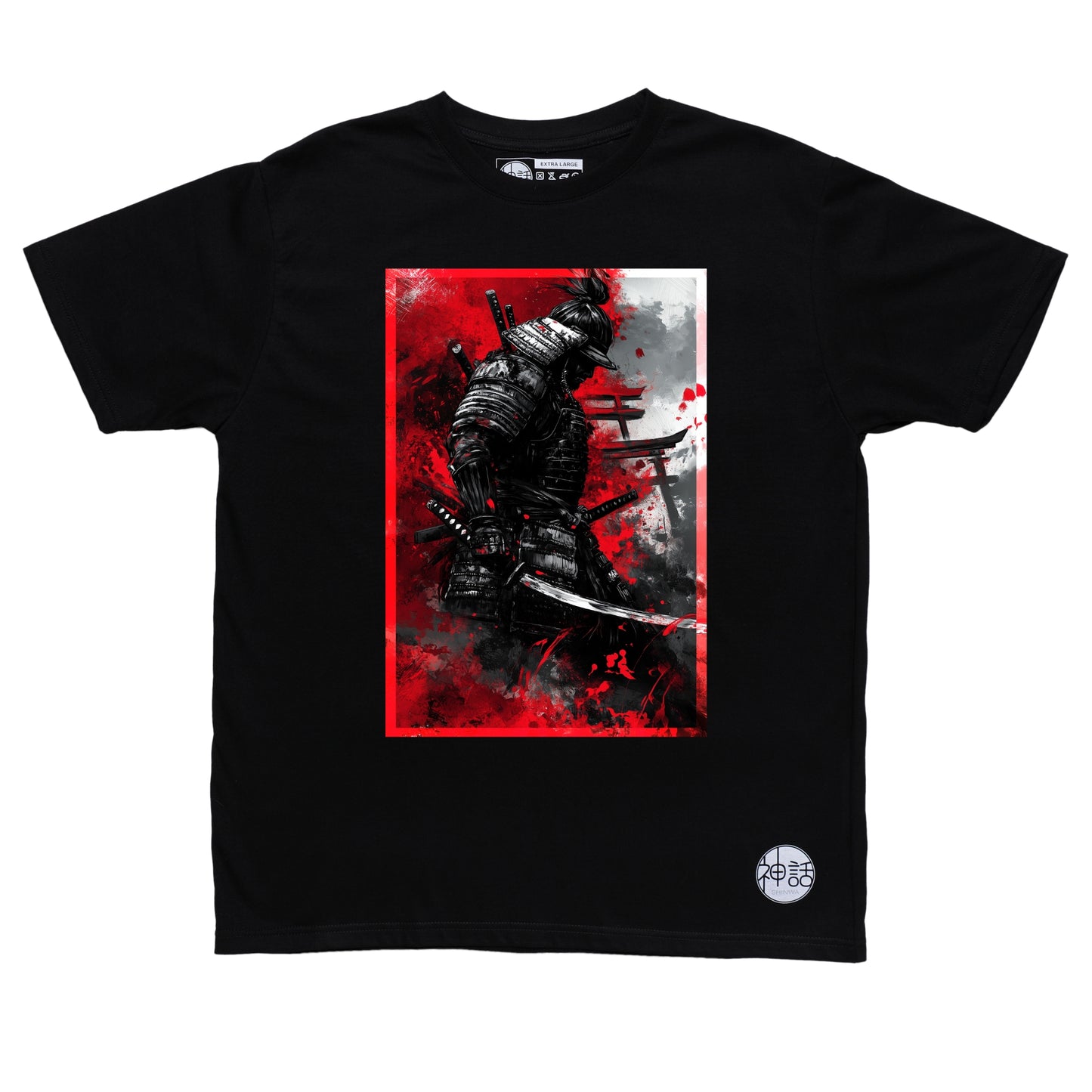 black samurai warrior in front of torii gates on black t-shirt by Shinwa, streetwear brand from the Philippines