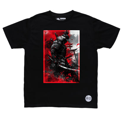 black samurai warrior in front of torii gates on black t-shirt by Shinwa, streetwear brand from the Philippines