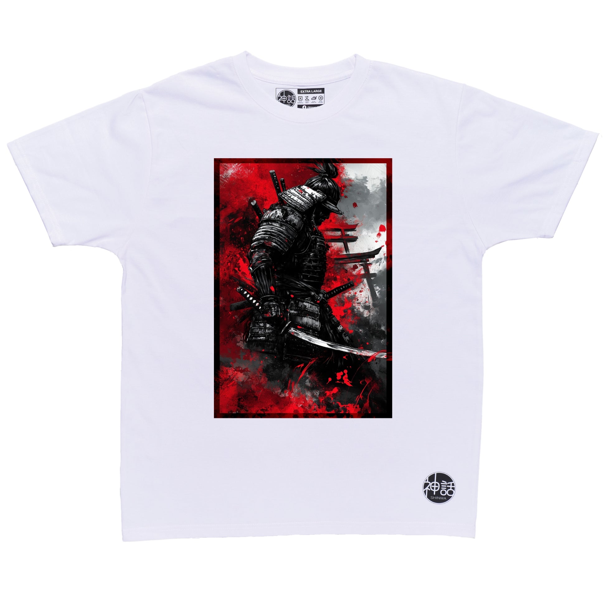black samurai warrior in front of torii gates on white t-shirt by Shinwa, streetwear brand from the Philippines