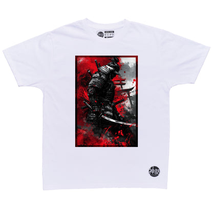 black samurai warrior in front of torii gates on white t-shirt by Shinwa, streetwear brand from the Philippines