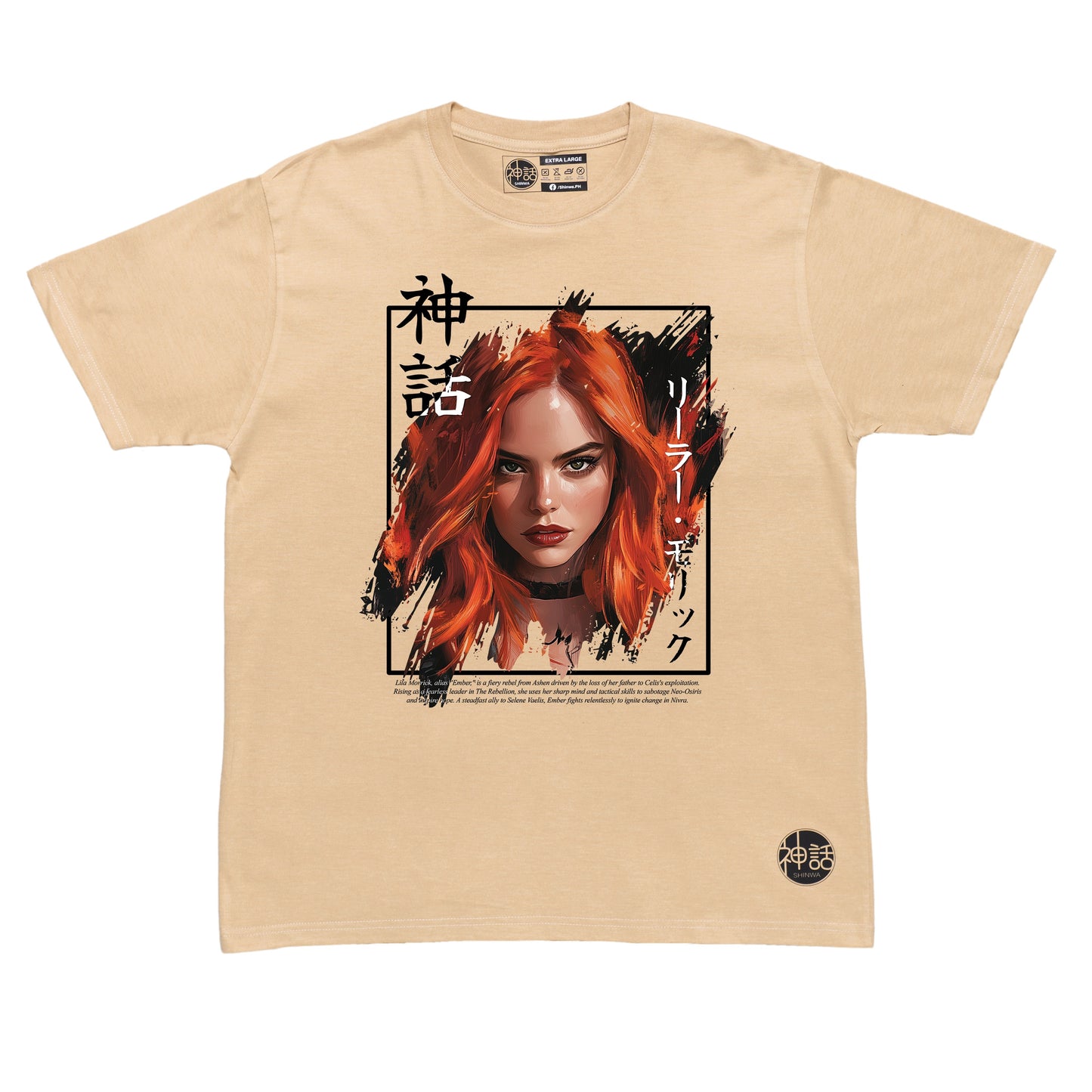 red-haired woman wearing leather jacket in beige t-shirt by Shinwa, streetwear brand from the Philippines