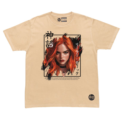 red-haired woman wearing leather jacket in beige t-shirt by Shinwa, streetwear brand from the Philippines